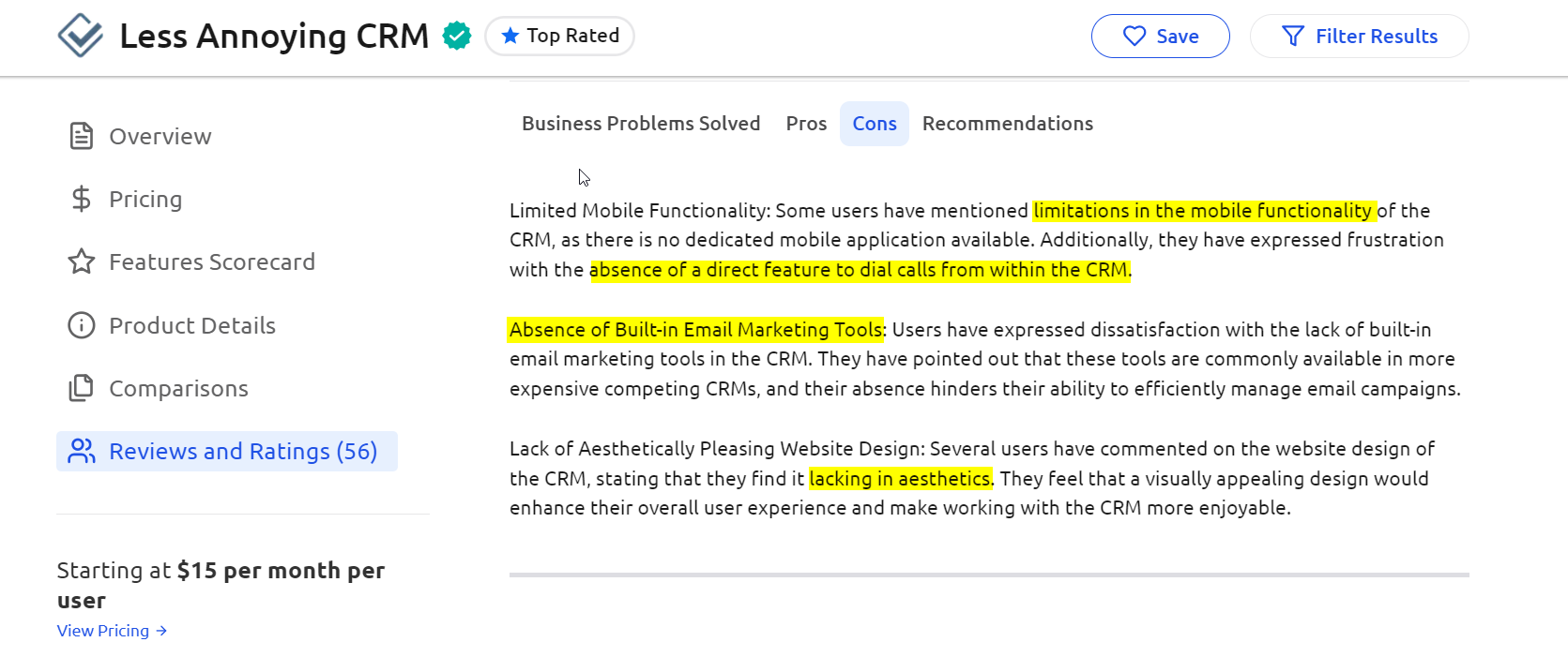 TrustRadius summary for the Less Annoying CRM. 