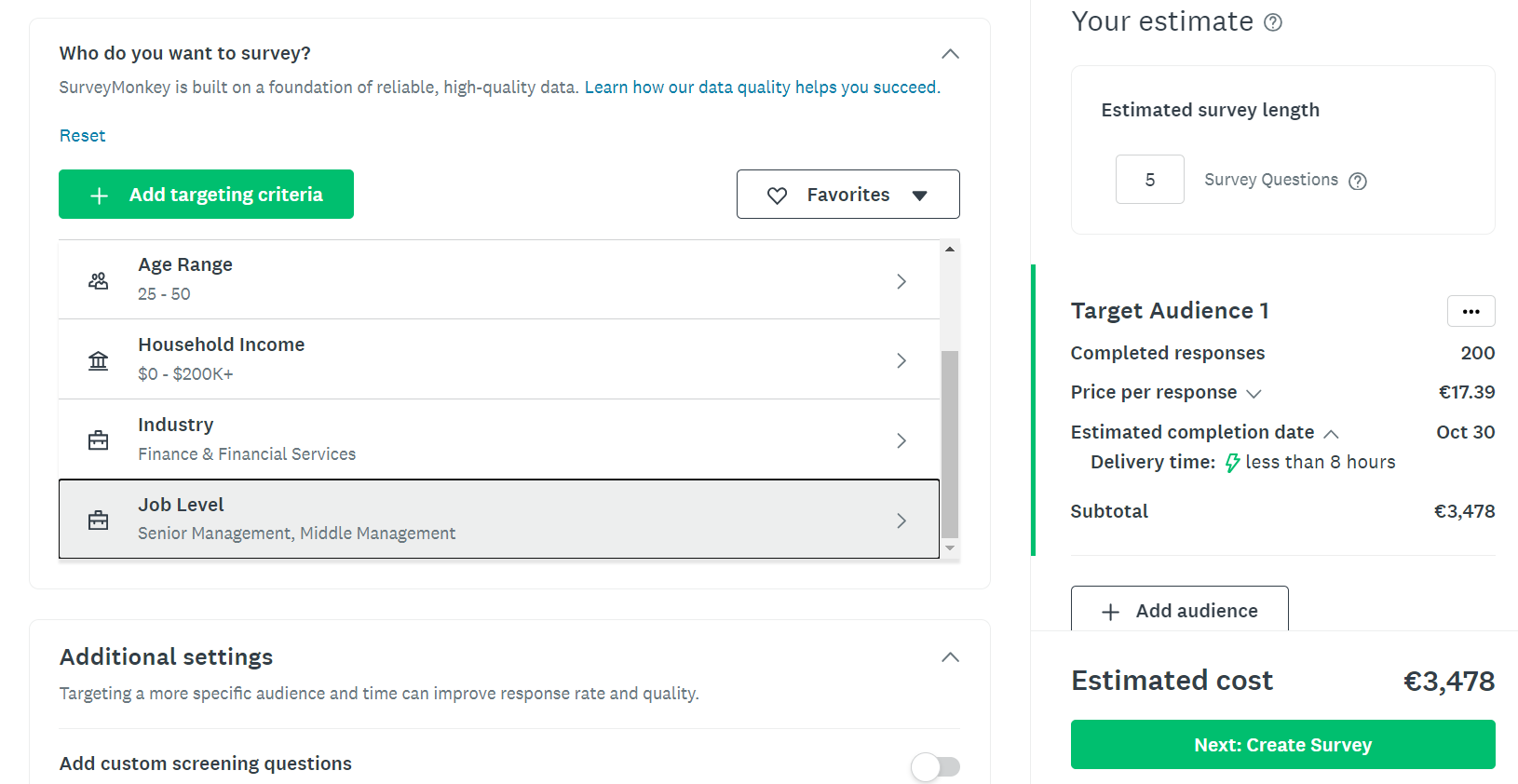 Example of a cost estimate for a custom audience using SurveyMonkey Audience calculator  