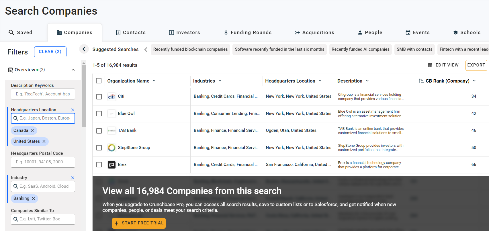 Crunchbase search results